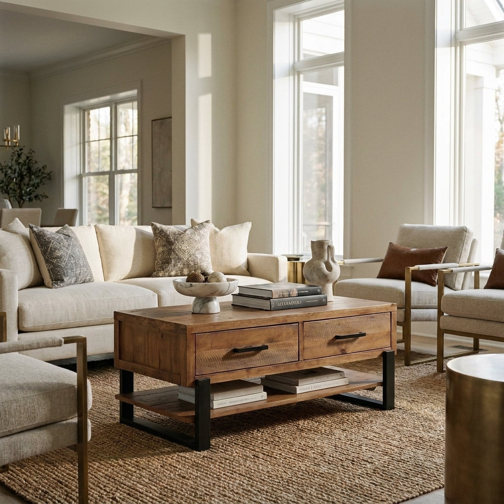 Jennifer coffee table in antiqued pine with two drawers and a black metal frame, styled in a transitional living room