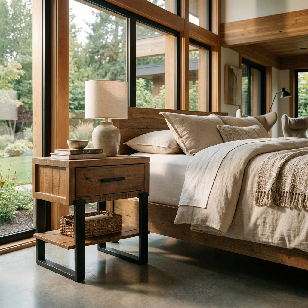 Jennifer end table in antiqued pine with one drawer and a black metal frame, styled beside a bed