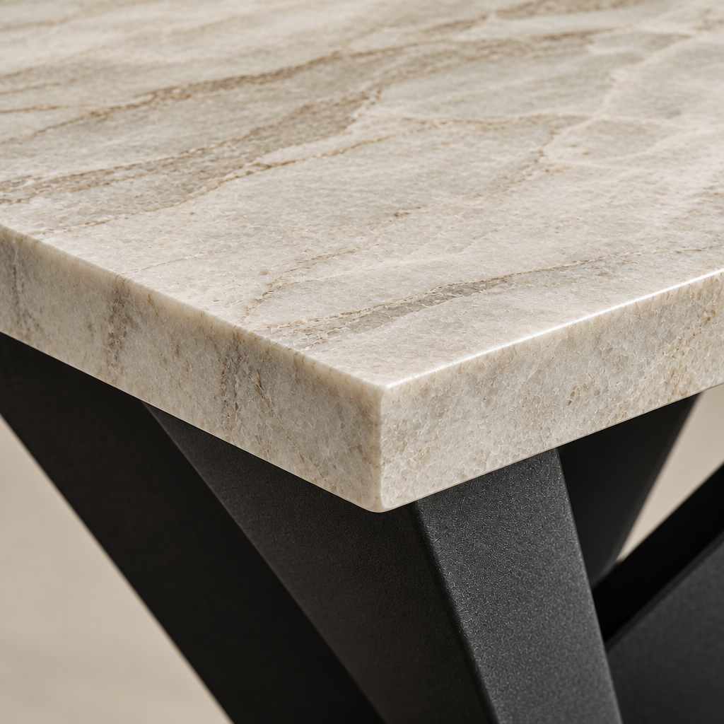Close-up of the Manhattan end table sintered stone top edge showing its thickness and veining