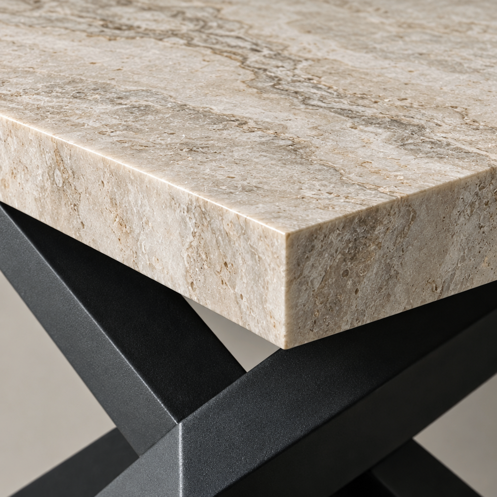 Close-up of the Manhattan console table sintered stone top edge showing its thickness and veining