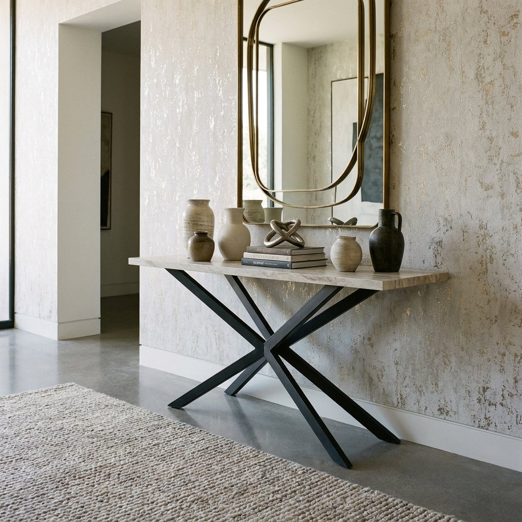 Manhattan console table with a sintered stone top on a black steel spider base, styled in a hallway