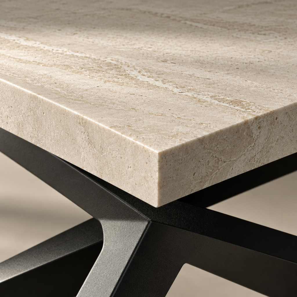 Close-up of the Manhattan coffee table sintered stone top edge showing its thickness and veining