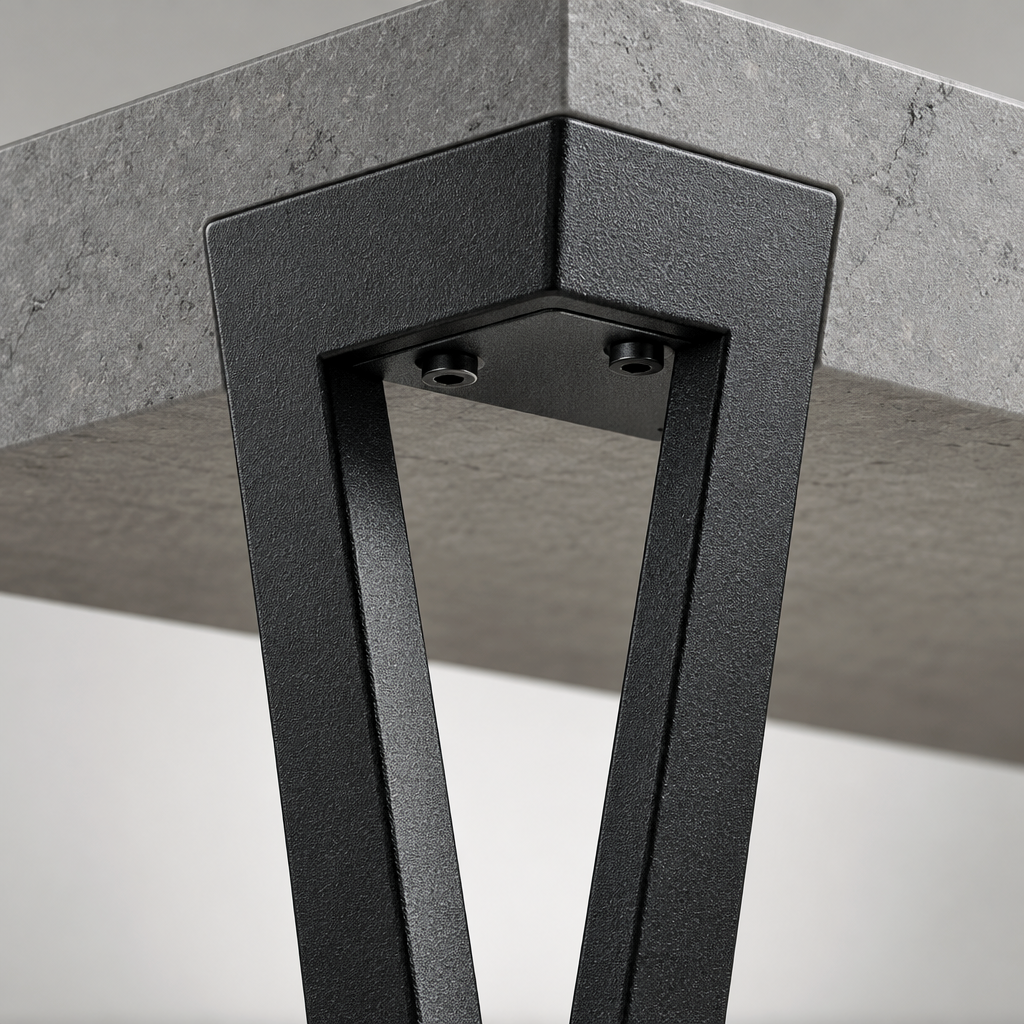 Close-up of the Giorgio coffee table black steel leg bracket bolted under the grey ceramic top