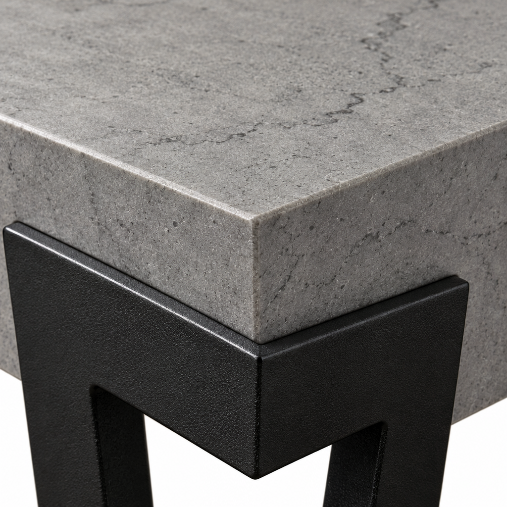 Close-up of the Giorgio coffee table grey ceramic top edge showing its thickness and veining
