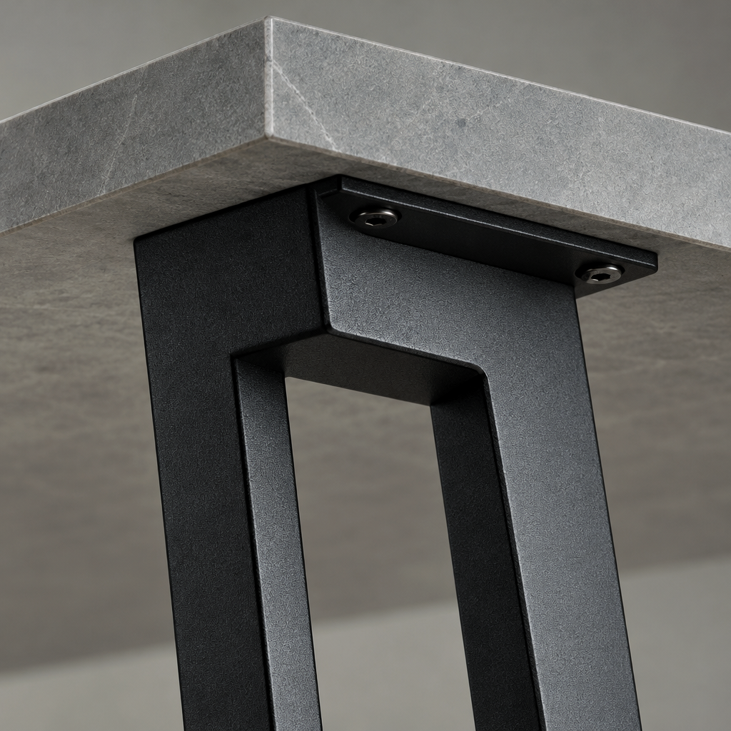 Close-up of the Giorgio console table black steel leg bracket bolted under the grey ceramic top