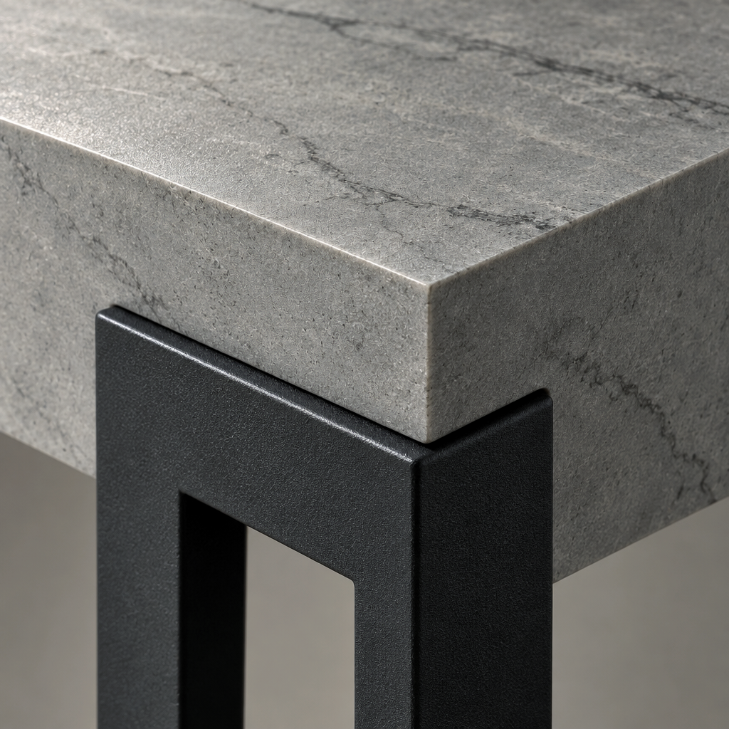 Close-up of the Giorgio console table grey ceramic top edge showing its thickness and veining