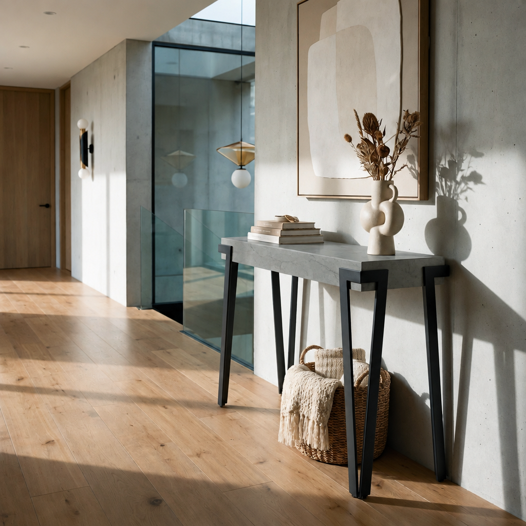Giorgio console table with a grey ceramic top on black steel legs, styled in a hallway