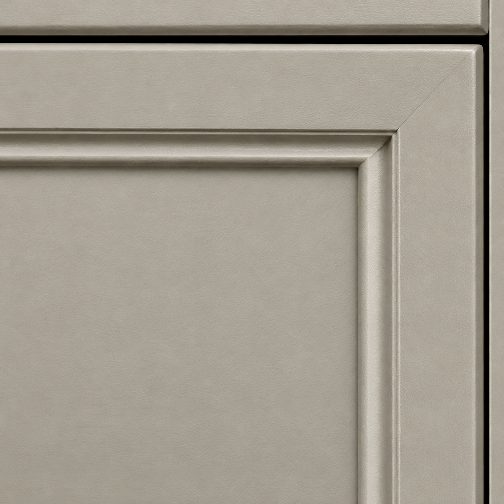Close-up of an Aurora 6 drawer chest drawer front showing the recessed shaker panel in a greige painted finish
