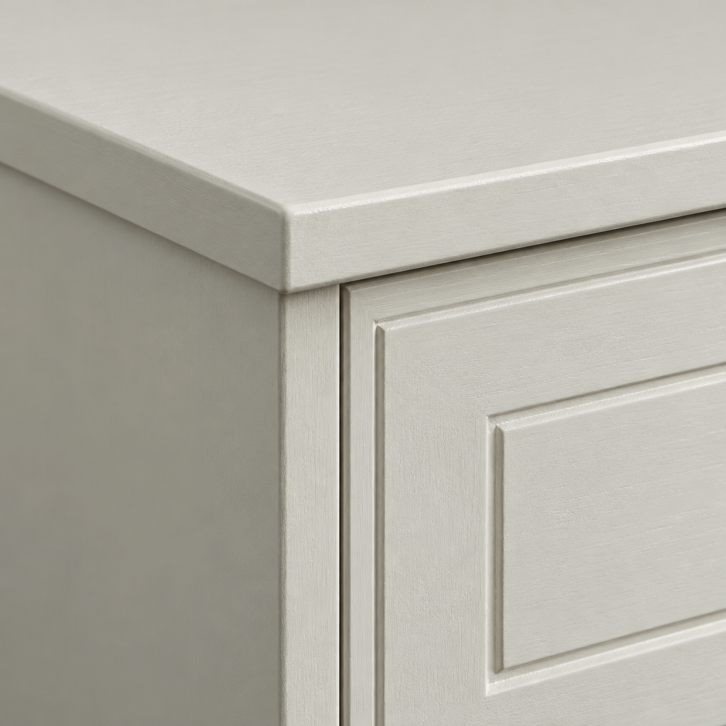 Close-up of the Aurora 5 drawer chest top corner and overhang in an off white painted finish
