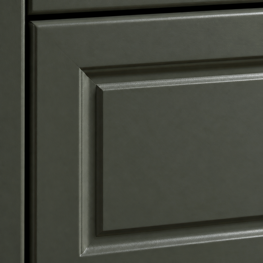 Close-up of an Aurora combi chest drawer front showing the recessed shaker panel in an olive charcoal painted finish