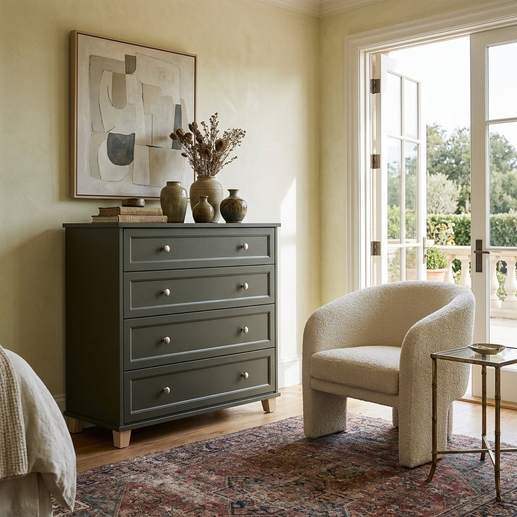 Aurora 4 drawer deep chest in an olive charcoal painted finish, styled in a bright bedroom