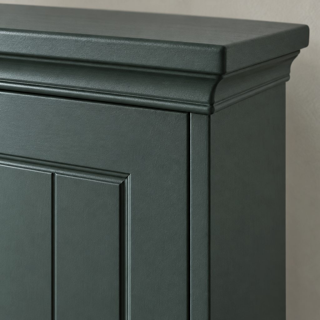 Close-up of the Aurora wardrobe cornice and top corner in a slate grey green painted finish