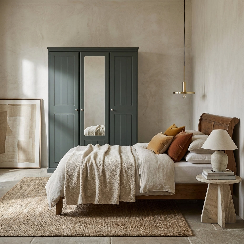 Aurora three door wardrobe with a mirrored centre door in a slate grey green painted finish, styled in a plastered bedroom