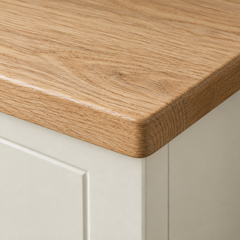 Close-up of the Aurora 5 drawer bedside oak top meeting the cream painted carcass