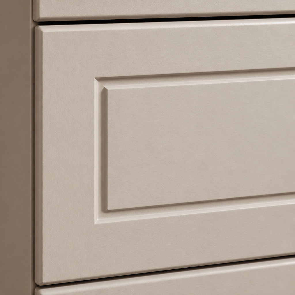 Close-up of an Aurora 4 drawer chest drawer front showing the recessed shaker panel in a blush taupe painted finish