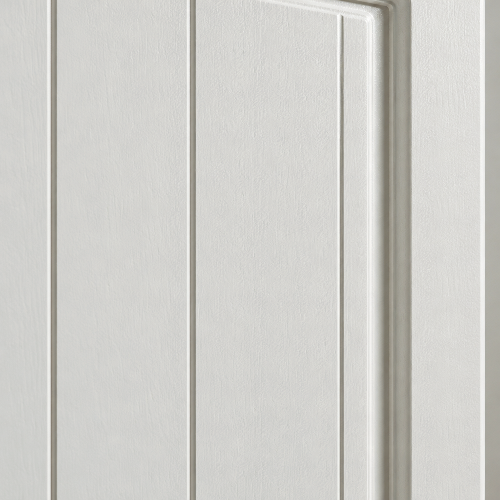 Close-up of an Aurora 2 door wardrobe door showing the vertical tongue and groove boarding in an off white painted finish