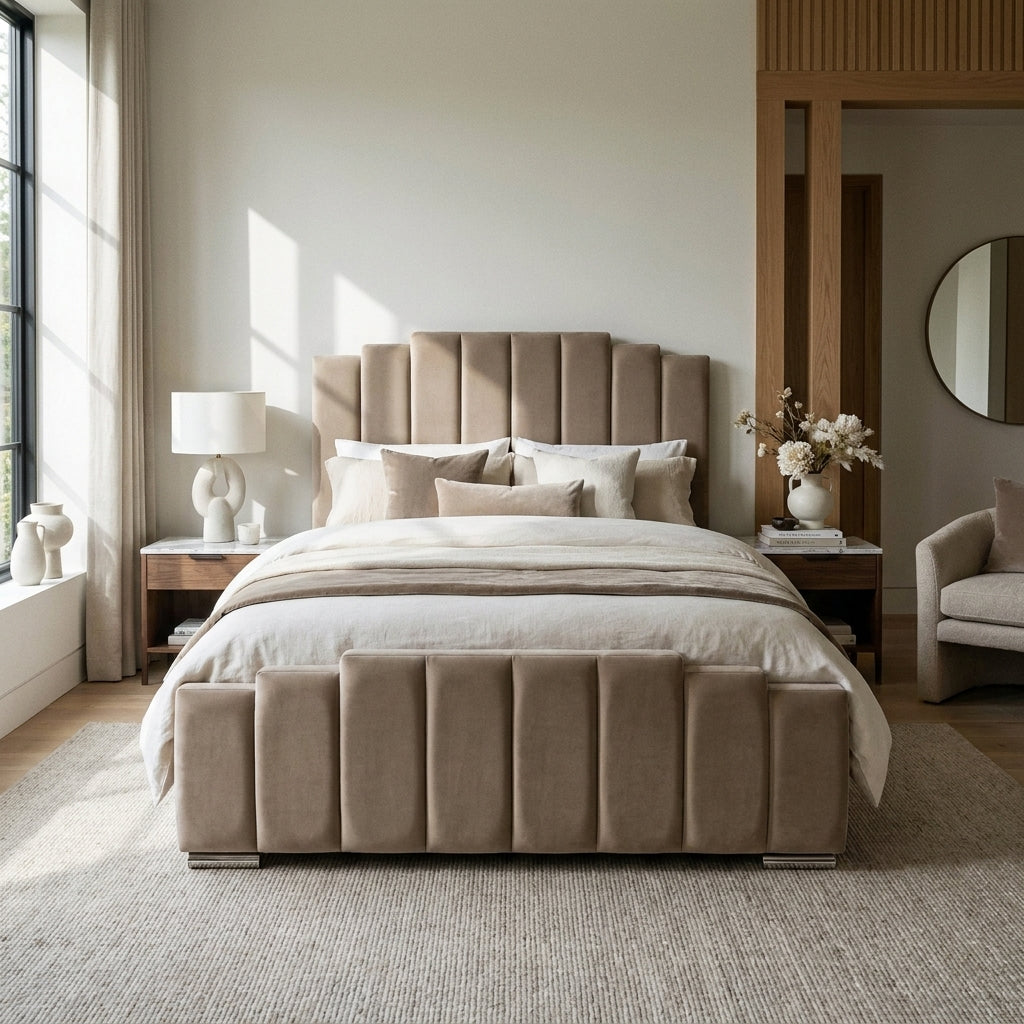 Balmoral Bedframe in mink velvet with stepped channelled headboard and footboard in a transitional bedroom