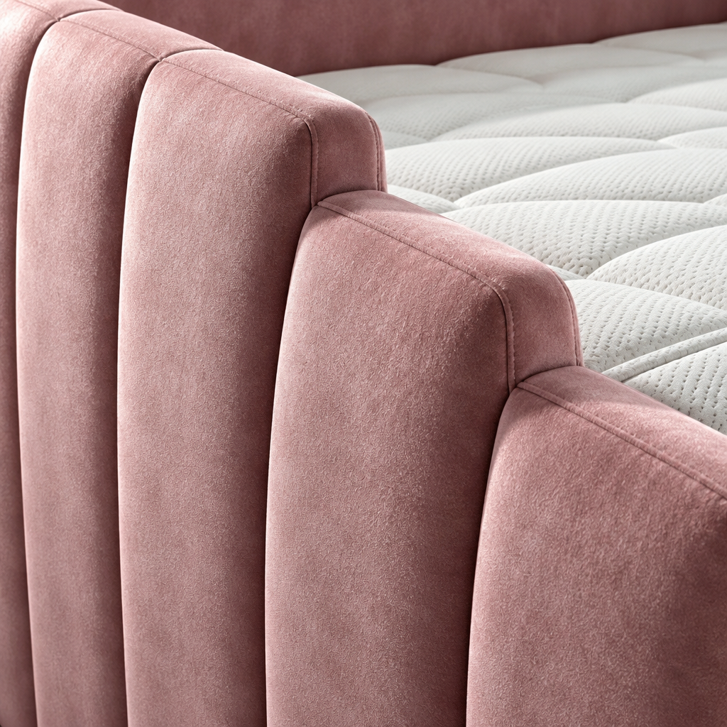 Close detail of the Jasmin Kids Bed high side rail in pink velvet, showing the channelling and the mattress sitting well below the top edge