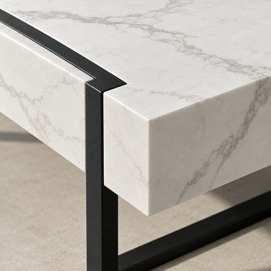 Close detail of the Montblanc Coffee Table corner showing the white marble effect slab and the slim black metal hoop leg