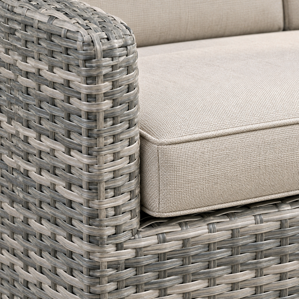 Close detail of a Madrid Garden Set chair showing the grey rattan weave and the detachable oatmeal seat pad