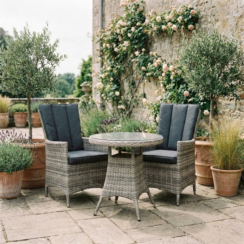 Palma Bistro Set in grey rattan with two high back chairs and a round glass topped table on a terrace