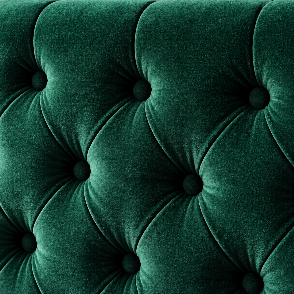 Close detail of the Nimbus Bed Frame emerald green velvet with deep diamond buttoning