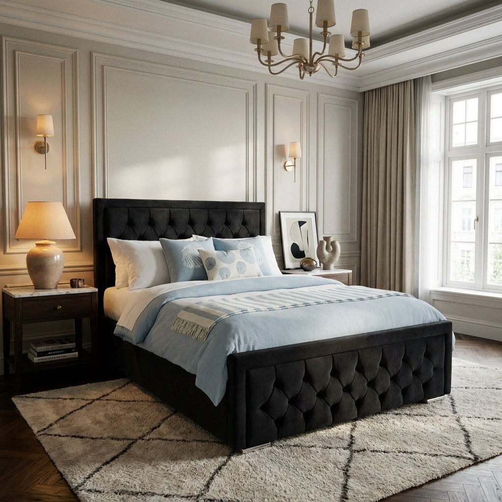 Venus Bedframe in near black buttoned velvet in a luxury bedroom