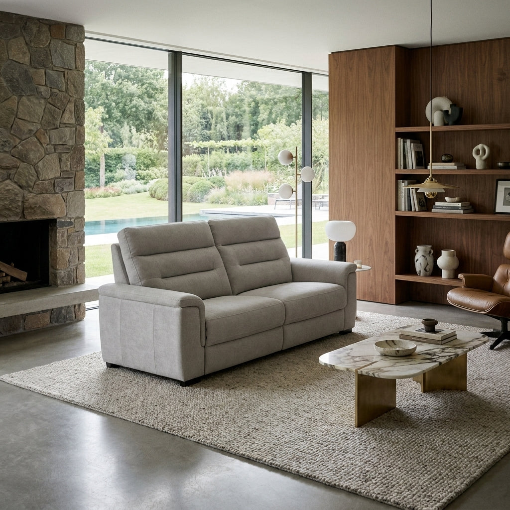 Lynn manual reclining sofa in light grey fabric in a modern living room