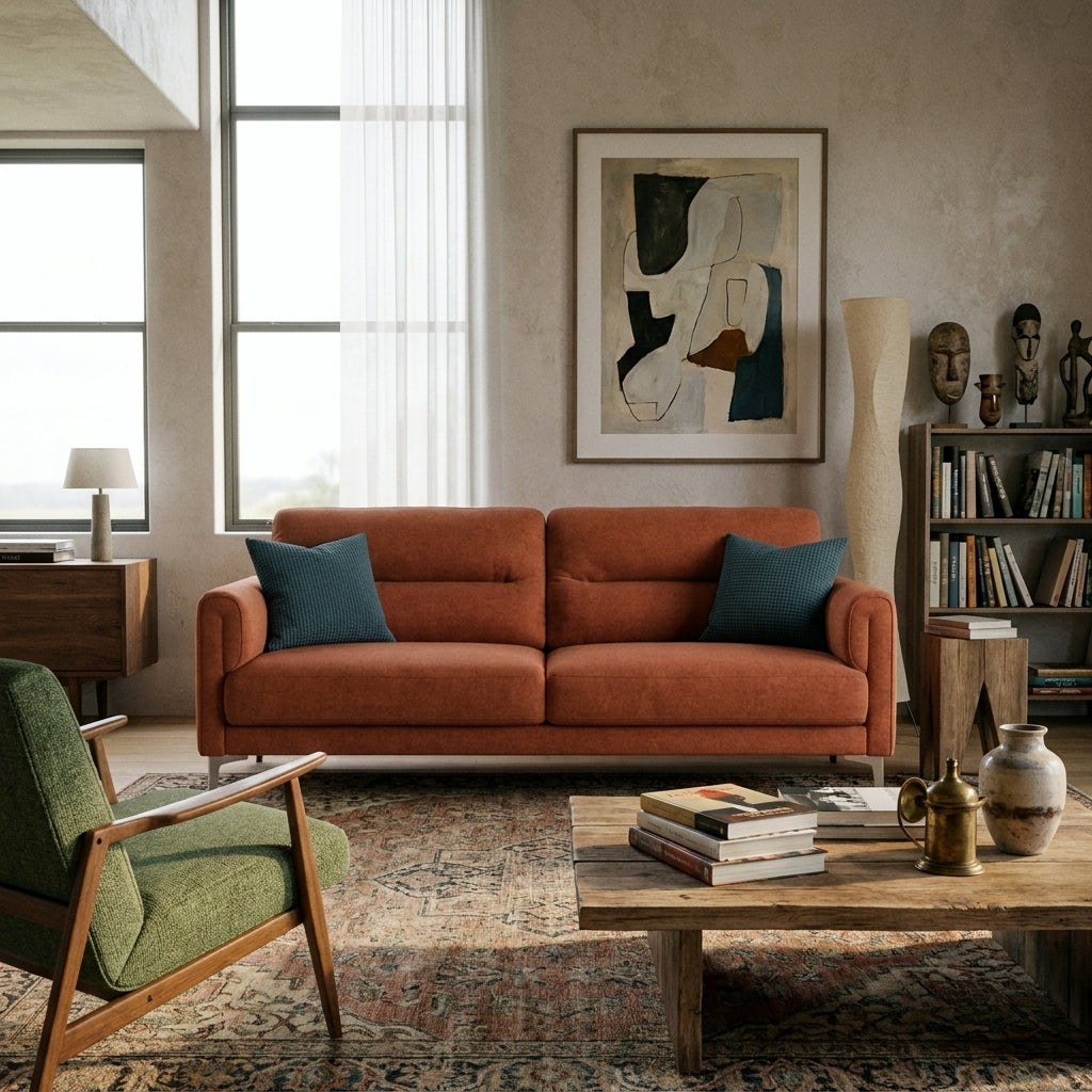 Natasha sofa in rust orange fabric with slim legs in an eclectic living room
