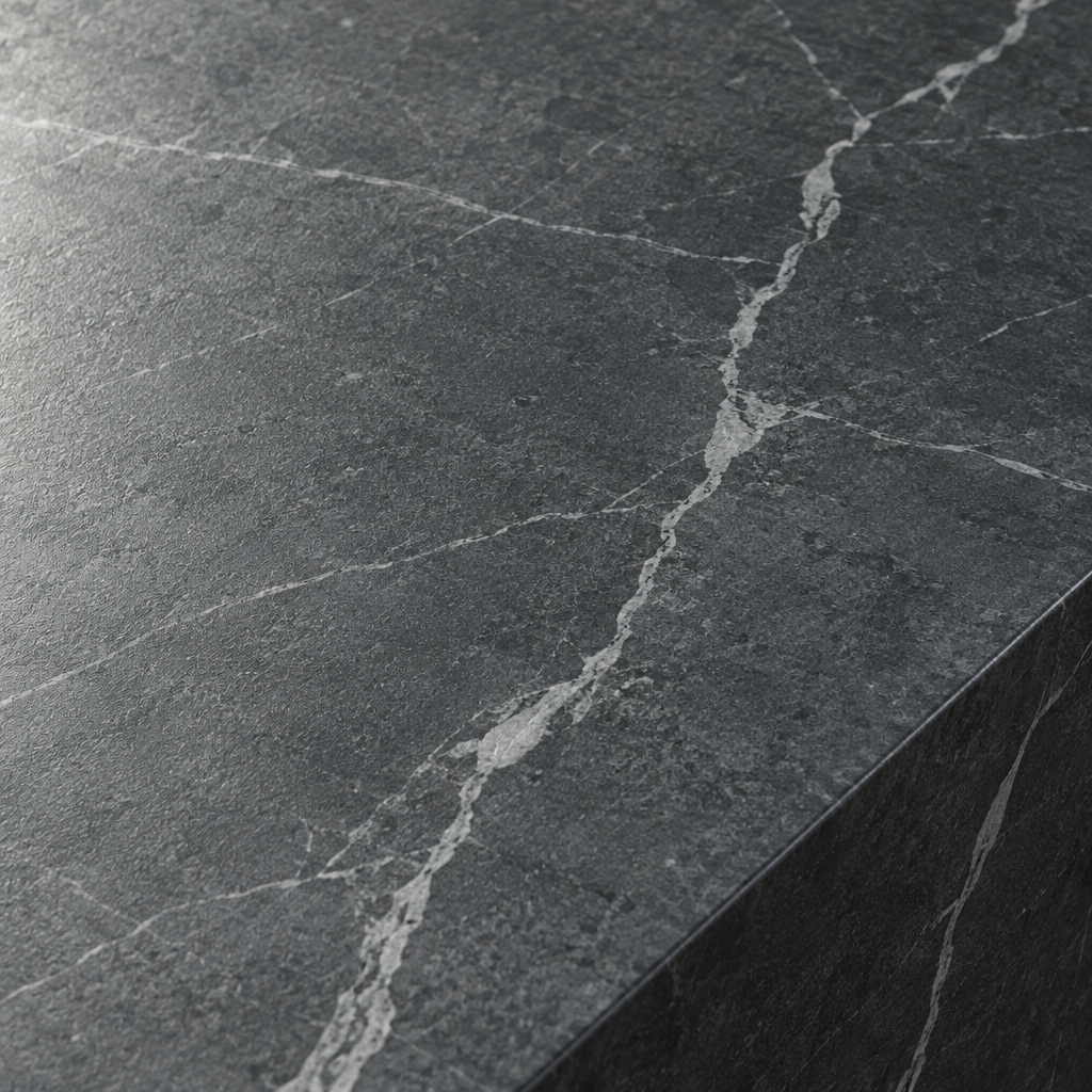 Close detail of the Alpina Coffee Table's grey marble effect surface showing the veining and the square slab edge