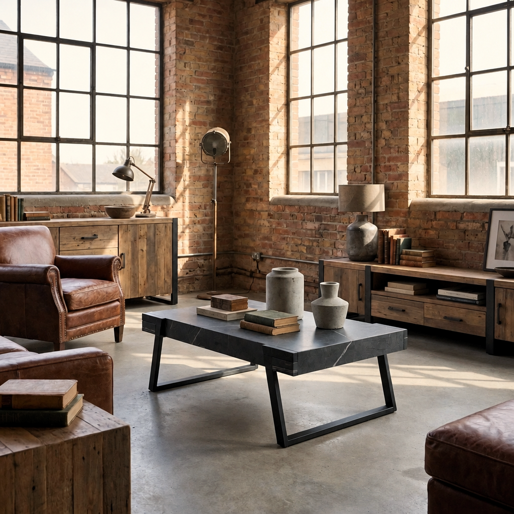 Alpina Coffee Table with a grey marble effect top on a black splayed metal frame in an industrial living room