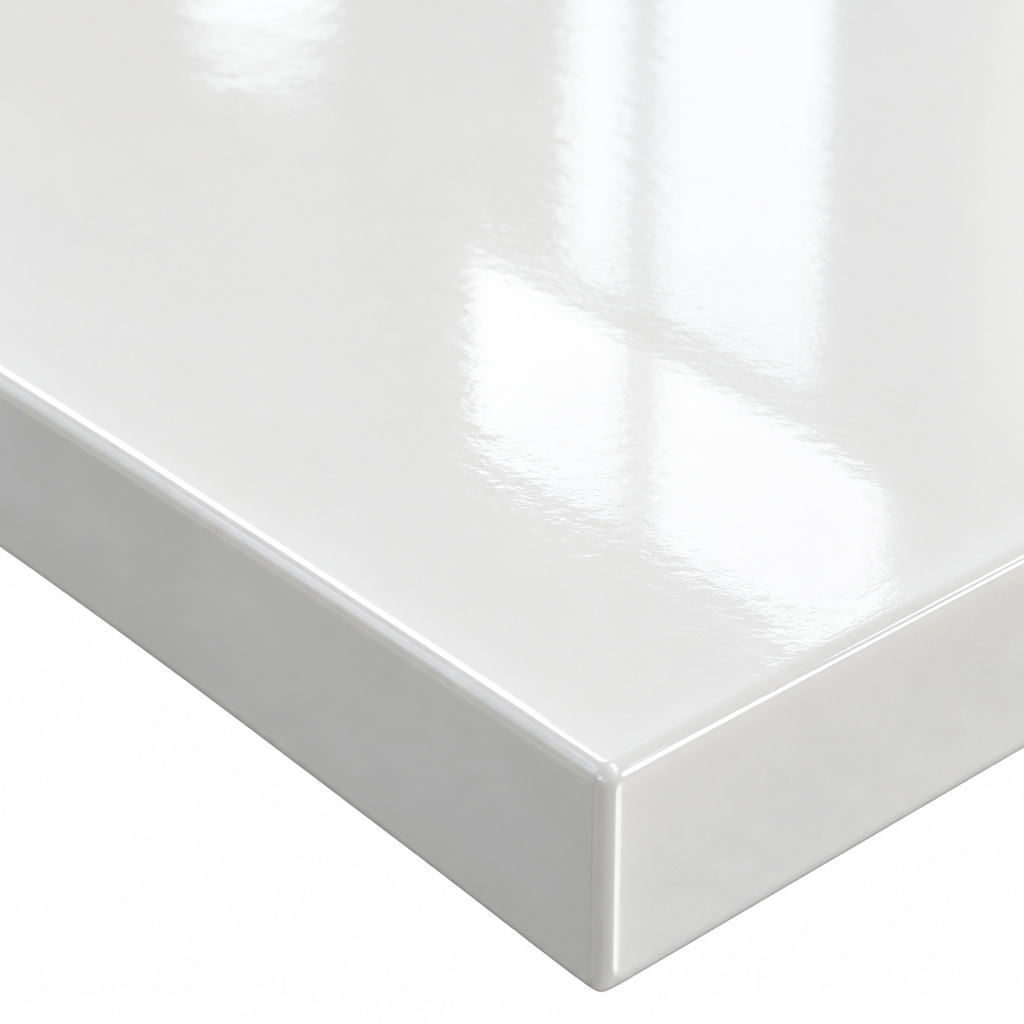 Close detail of the Kenzo Coffee Table's white gloss ceramic top and square edge