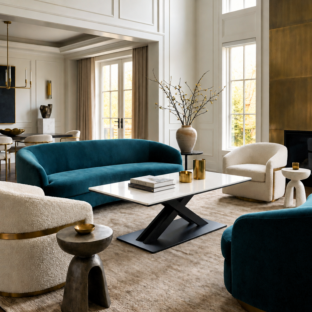 Kenzo Coffee Table with white gloss ceramic top and crossed charcoal grey base in a contemporary living room
