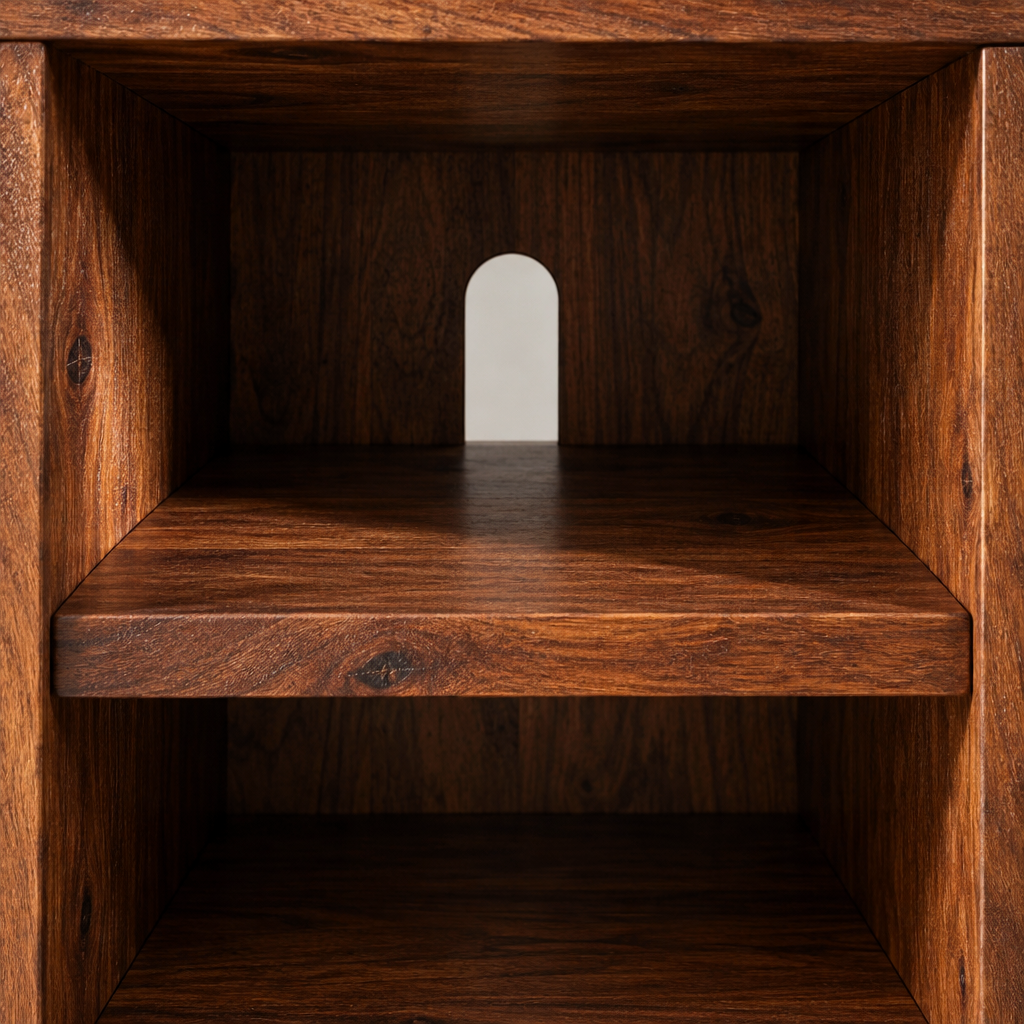 Willow corner TV unit open shelf and cable cut out detail