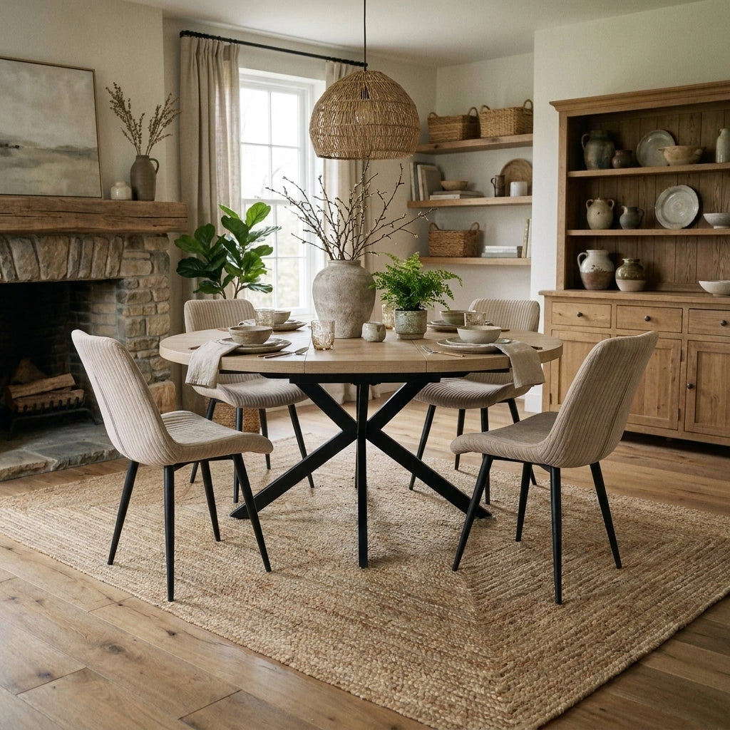 Sloan extending round dining set laid for a meal in a cosy dining room