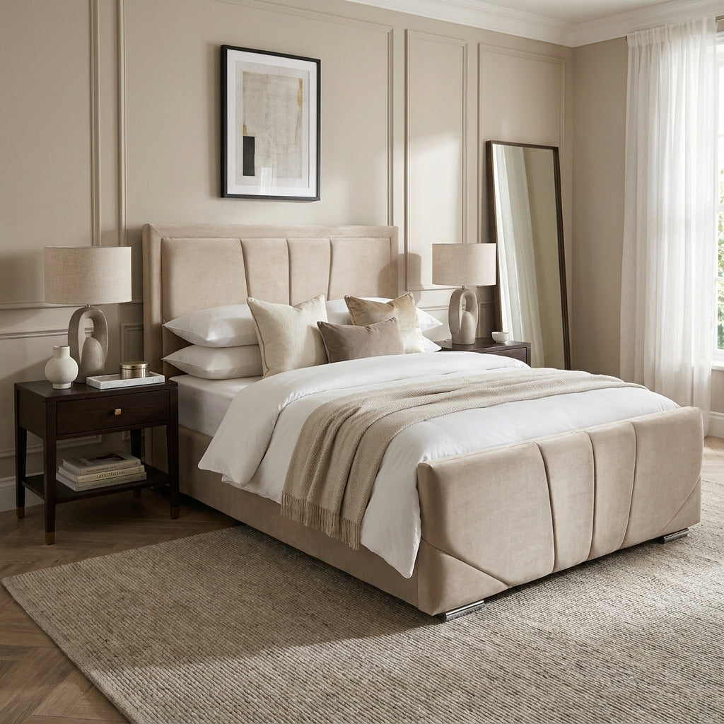 Plaza bedframe made up with bedding in a bedroom