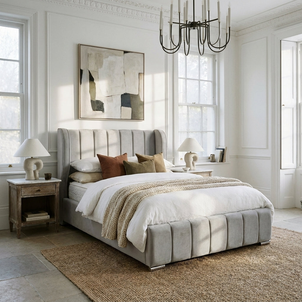 Zola bed frame in grey velvet made up with bedding in a bedroom