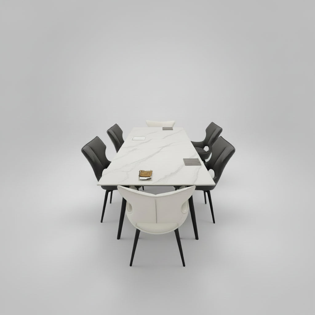 Extending ceramic dining table and chair set in modern dining area 