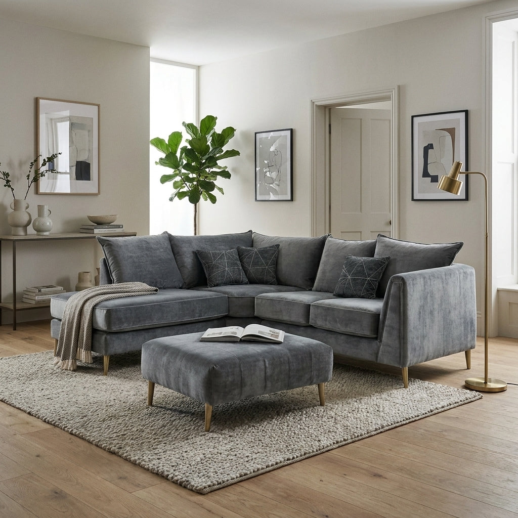 Georgia velvet corner sofa and footstool in a furnished contemporary living room with artwork and a floor lamp showing its size