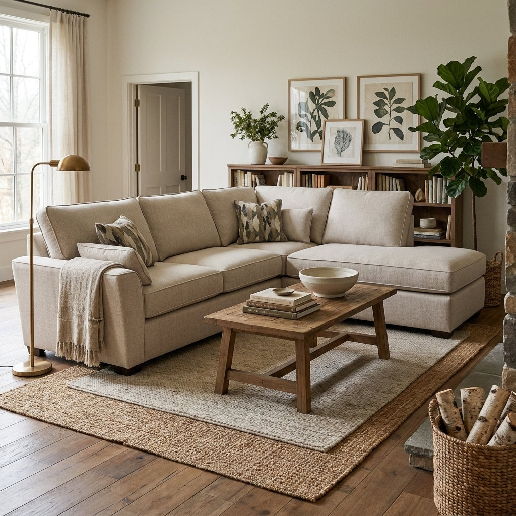 Nicole corner sofa in a furnished rustic living room with a bookcase, artwork and floor lamp showing its size