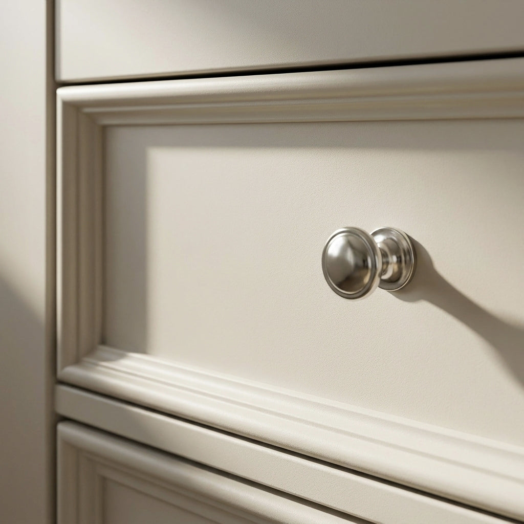 Close-up of a panelled drawer front and chrome knob