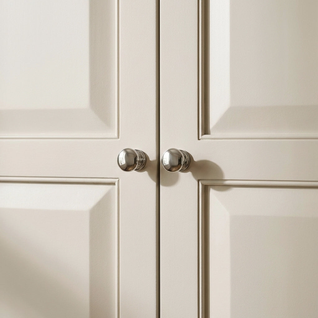 Close-up of the wardrobe doors meeting at the centre with chrome knobs