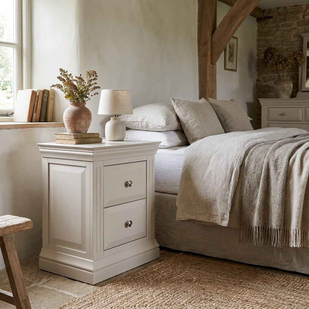 Ariana two drawer bedside in a rustic bedroom
