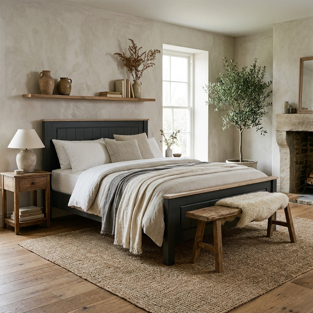 Aurora bedframe in a rustic bedroom