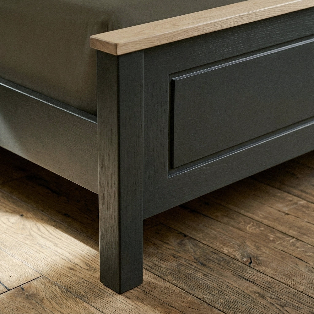 Close-up of the footboard panel and square leg on the Aurora bedframe