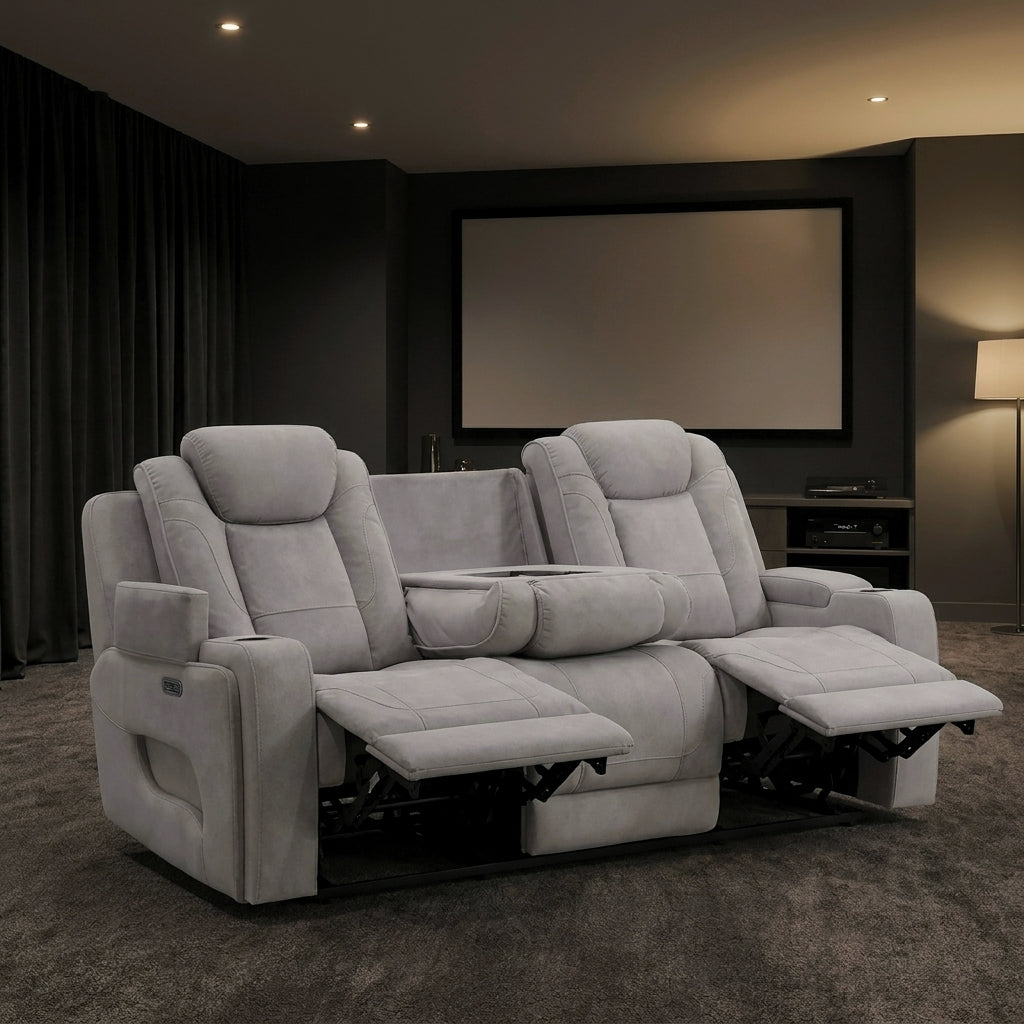 Omega home theater suite fully reclined with both footrests raised