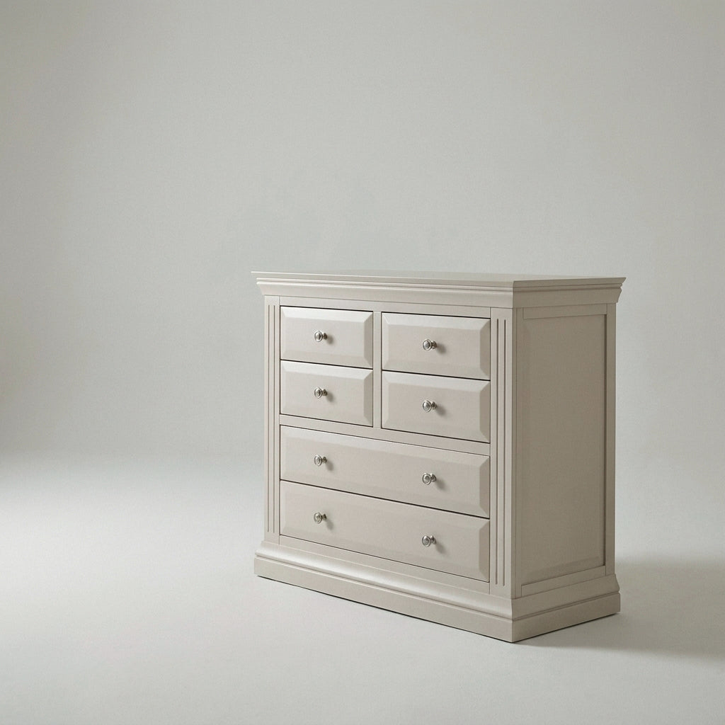 Ariana six drawer chest, painted panelled drawer fronts with chrome knobs
