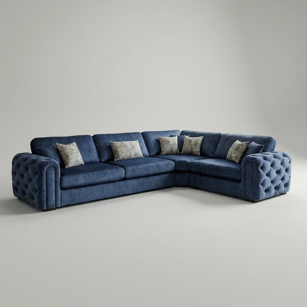 Russell navy velvet buttoned corner sofa