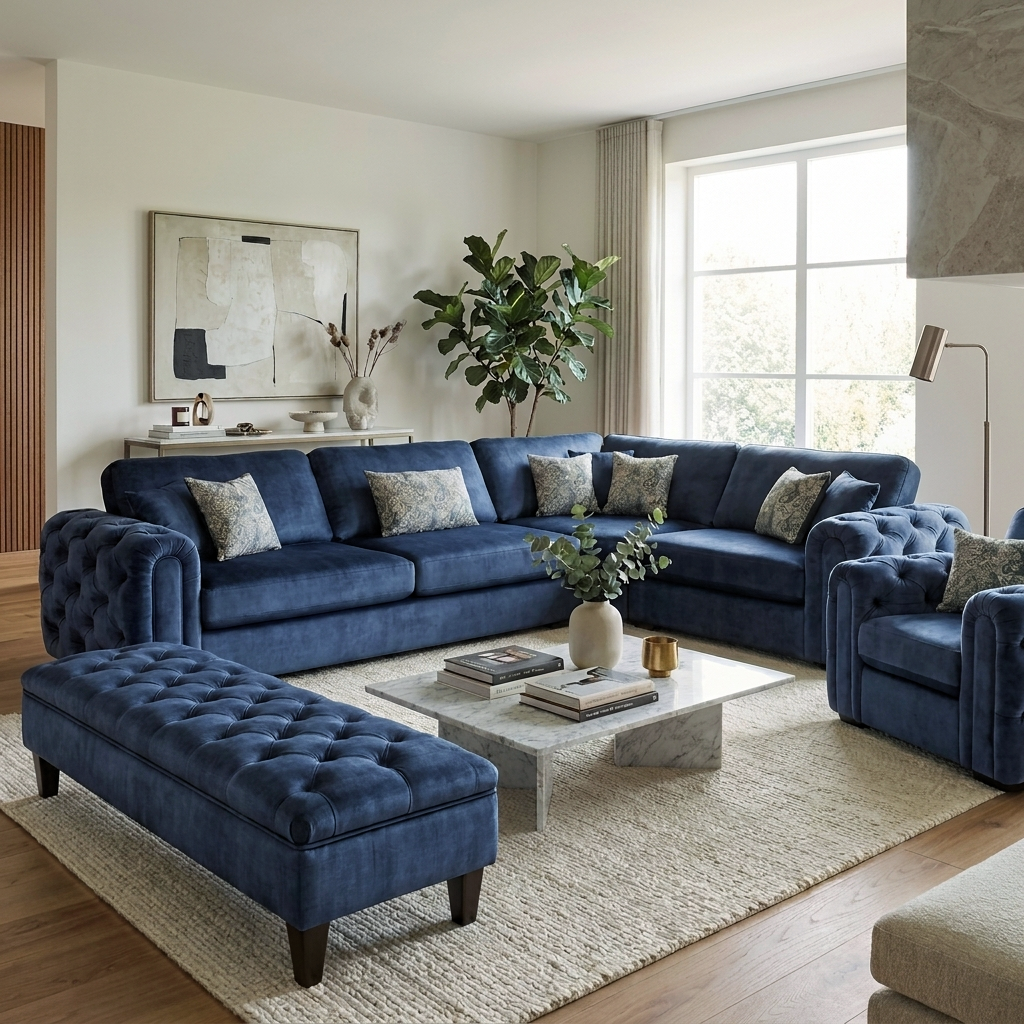 Russell corner suite with matching armchair and bench footstool in a living room