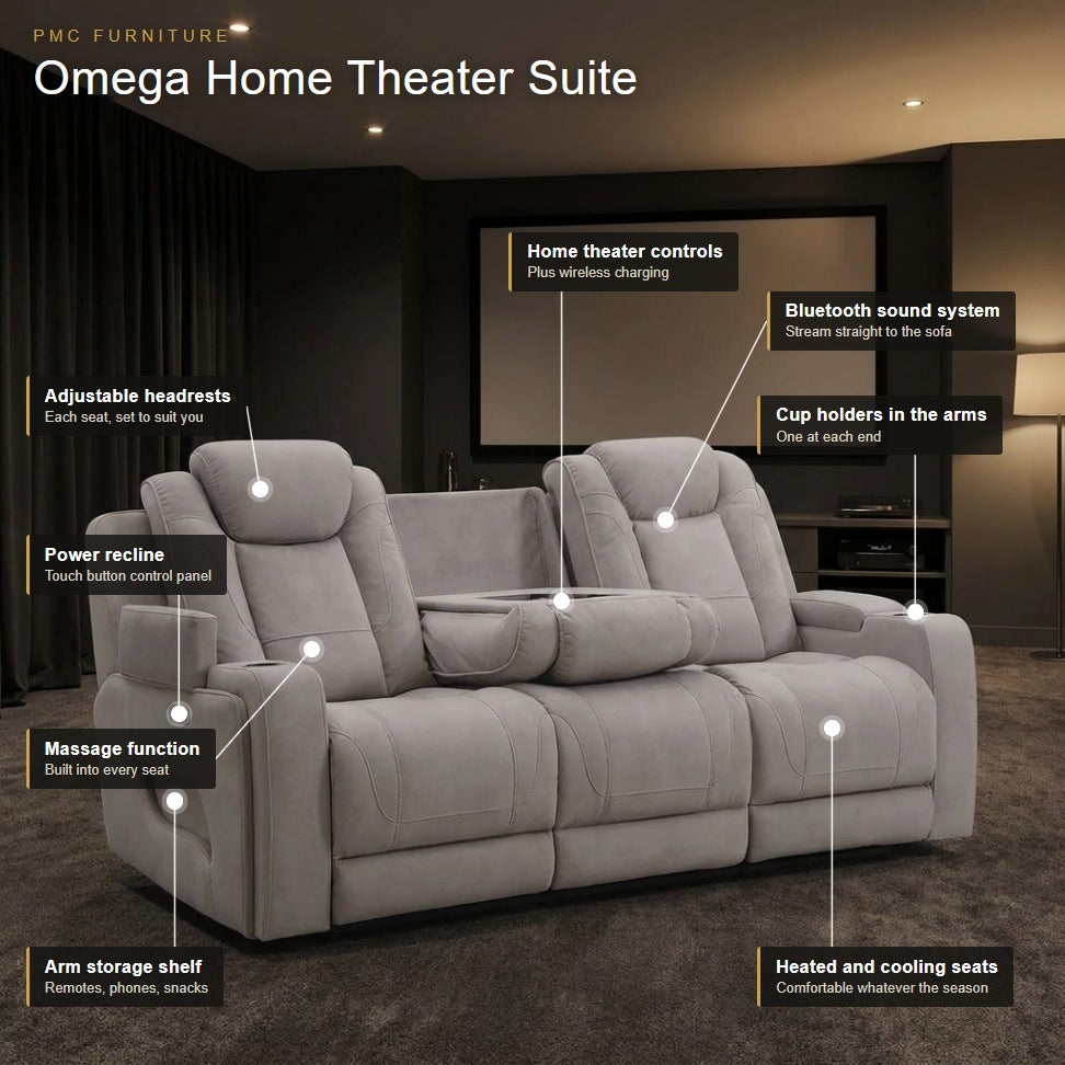 Omega home theater suite features: power recline, massage, heated and cooling seats, headrests, Bluetooth, wireless charging, cup holders, console